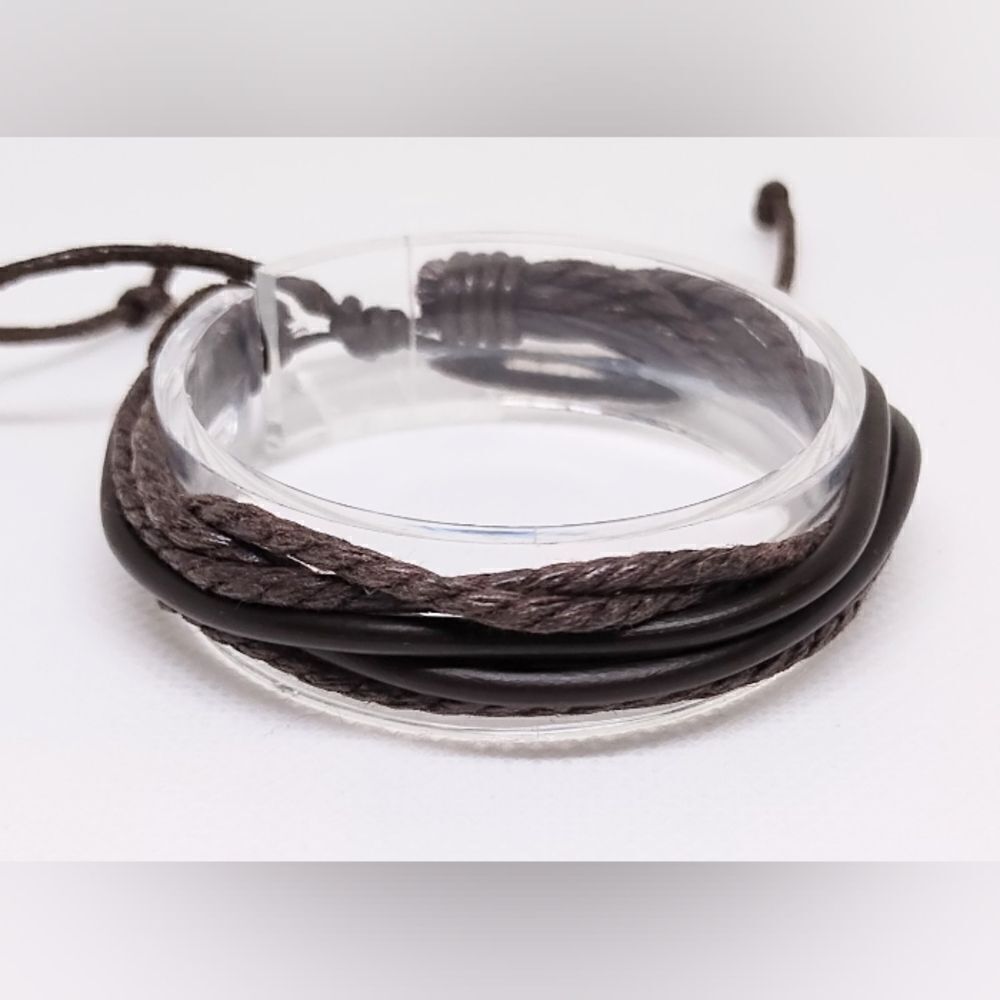 Men's bracelet leather layered braided brown new e32